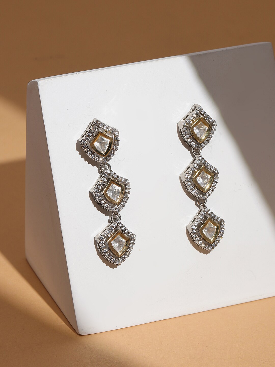 

Ruby Raang Silver-Plated Contemporary Kundan Drop Earrings