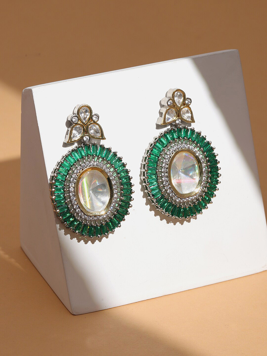 

Ruby Raang Silver-Plated Contemporary Kundan Drop Earrings, Green