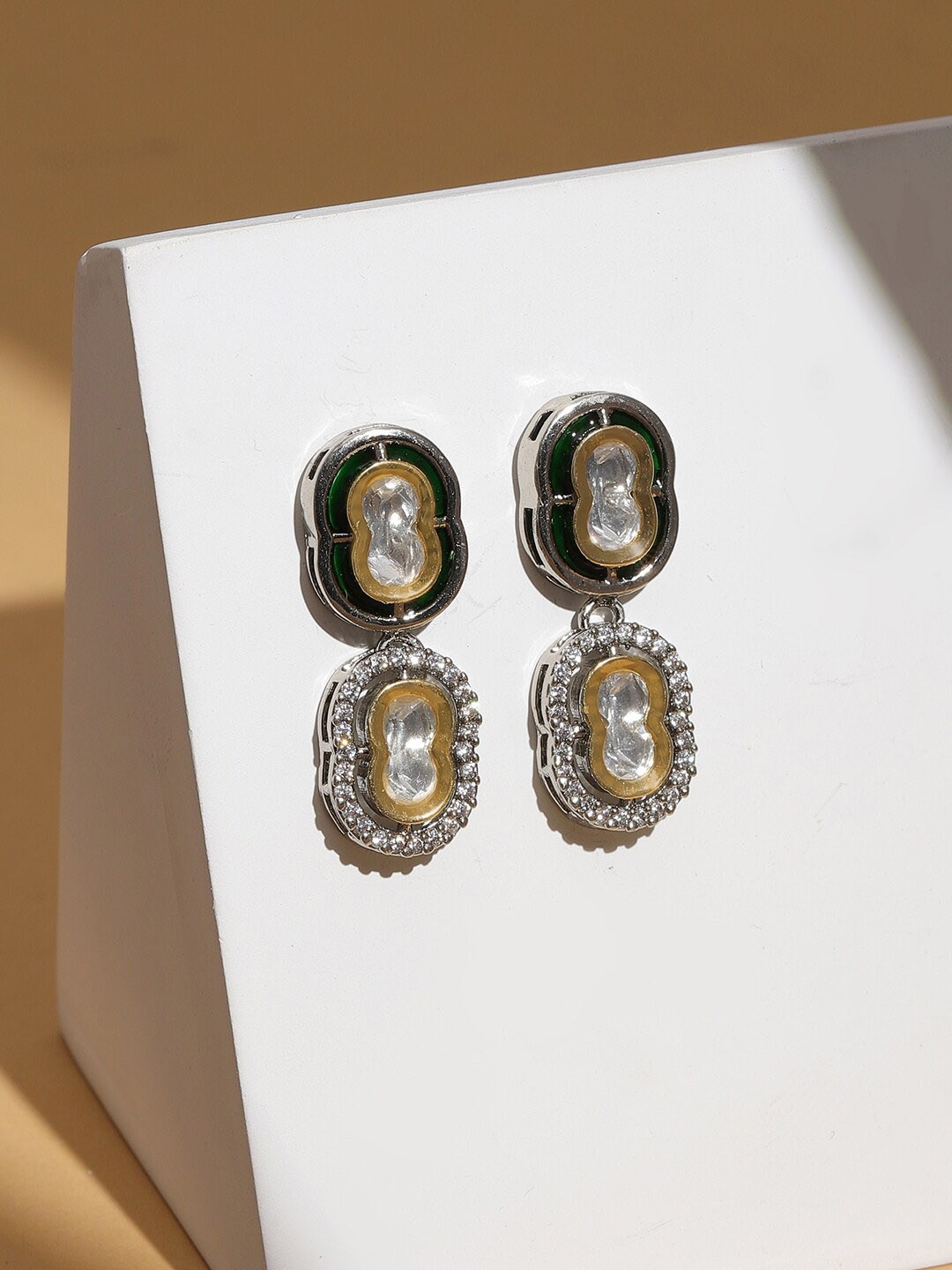 

Ruby Raang Silver-Plated Kundan Studded Contemporary Drop Earrings