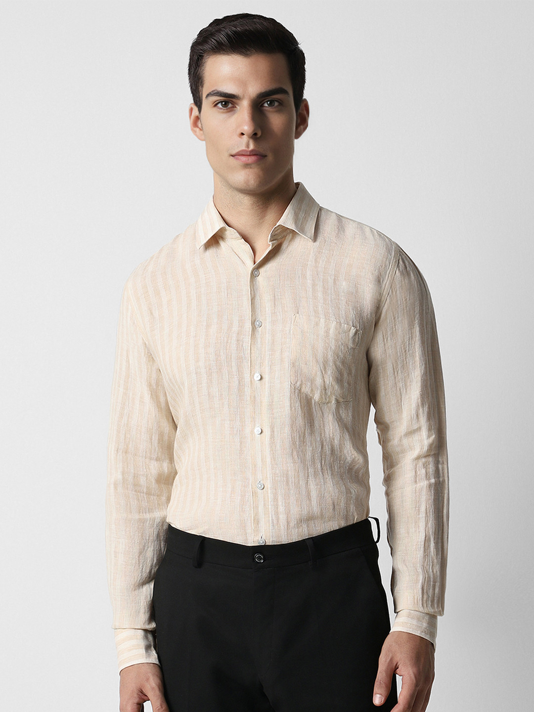 

Van Heusen Striped Spread Collar Linen Casual Shirt, Beige