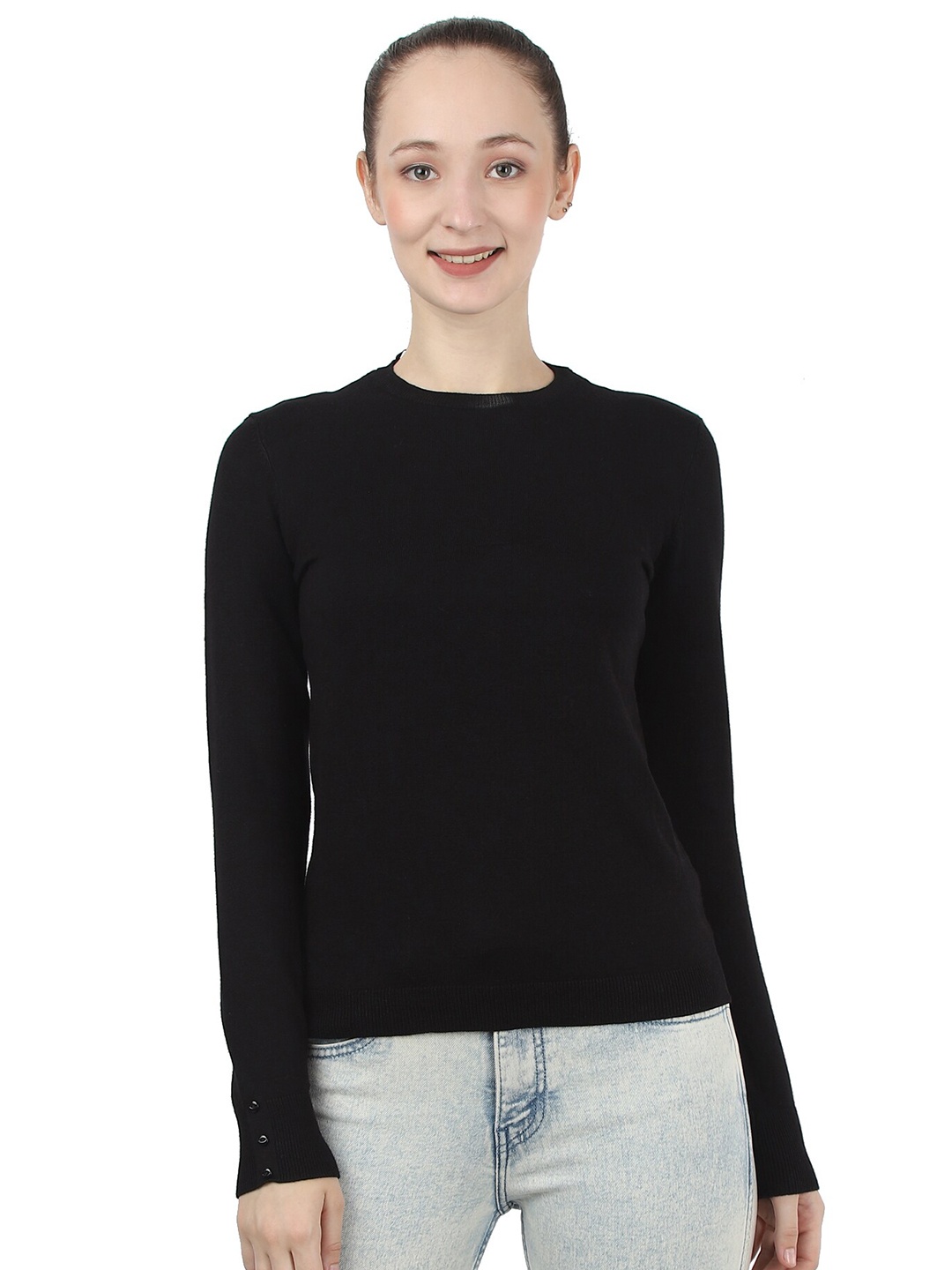 

NoBarr Round Neck Long Sleeves Acrylic Pullover Sweater, Black
