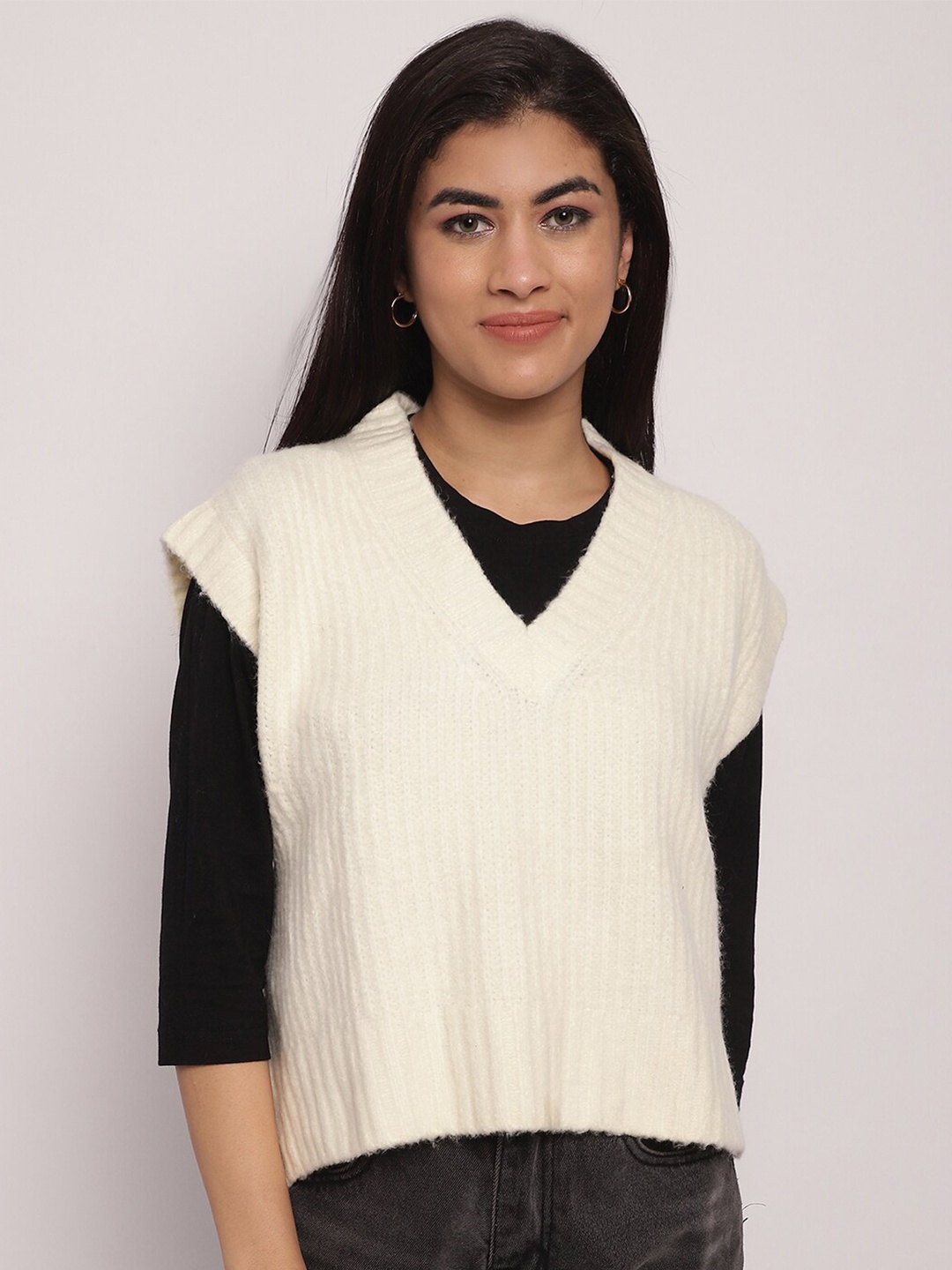 

NoBarr Self Design Ribbed V-Neck Acrylic Pullover With Fuzzy Detail, Cream