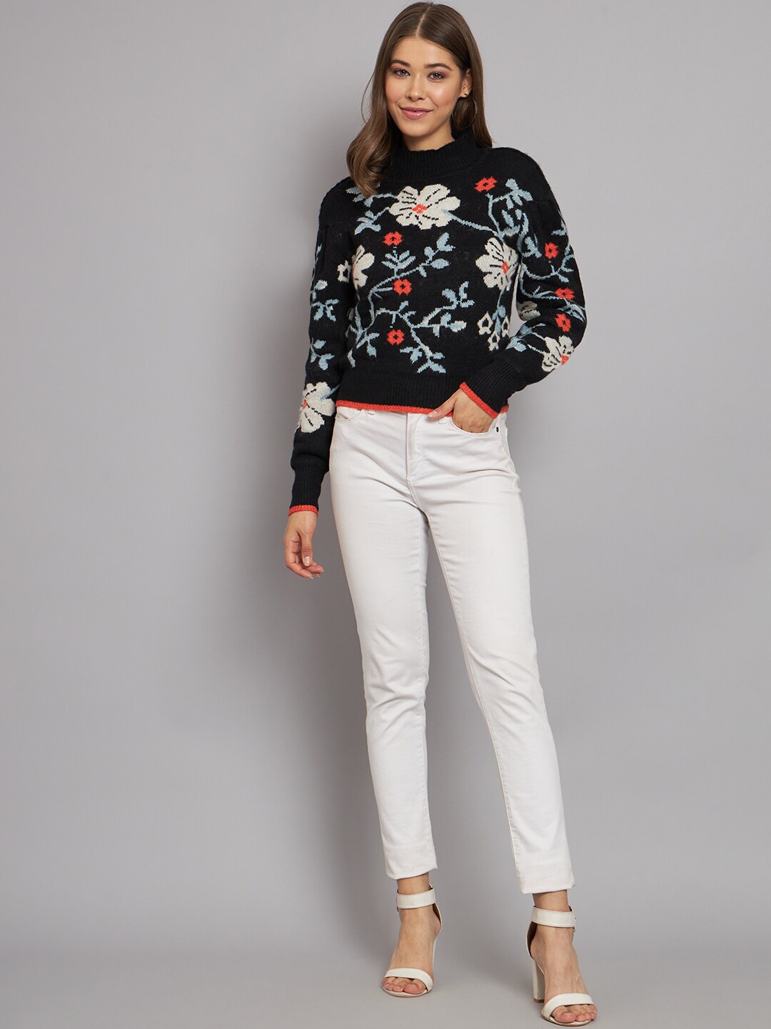 

NoBarr Floral Printed High Neck Long Sleeves Pullover, Black