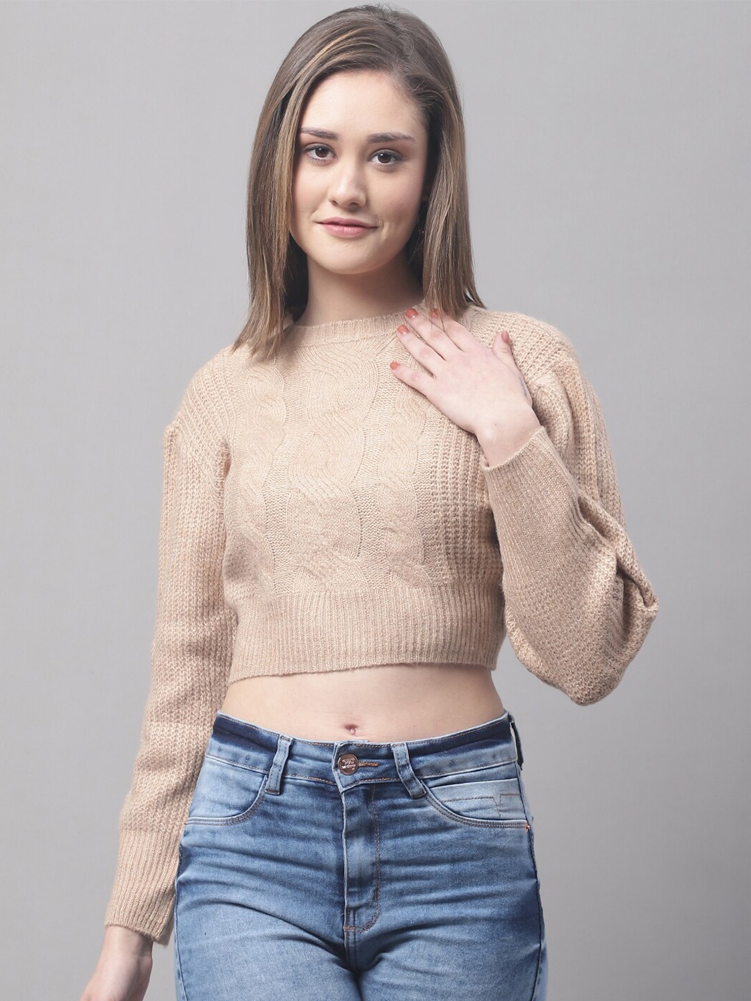 

NoBarr Women Cable Knit Crop Pullover, Brown