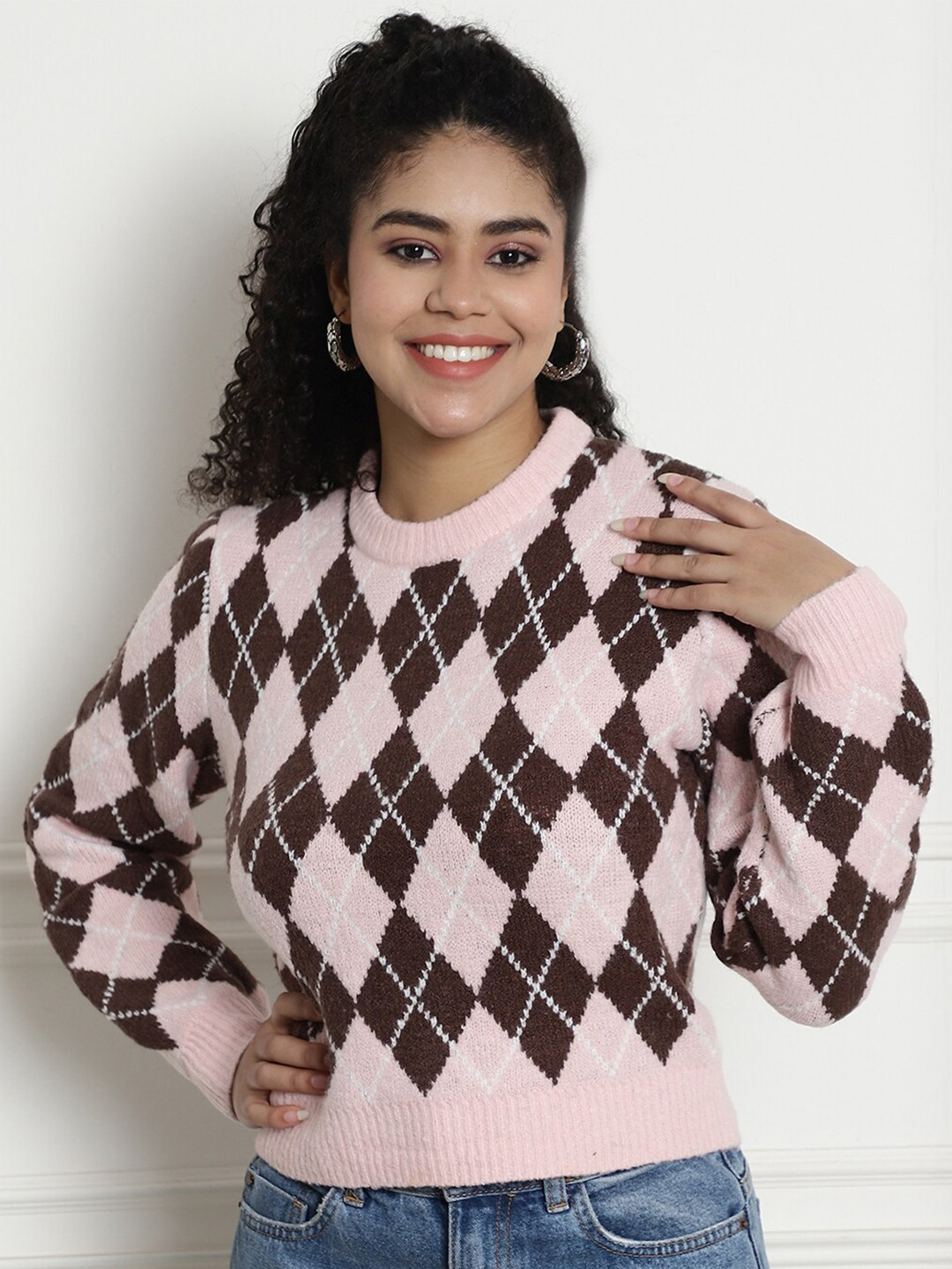 

NoBarr Checked Self Design Round Neck Long Sleeves Acrylic Pullover, Pink