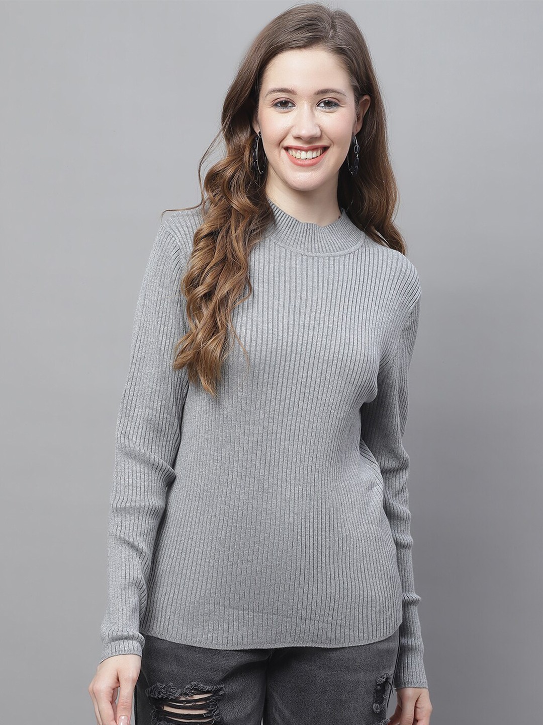 

NoBarr Self Design High Neck Acrylic Pullover Sweater, Grey