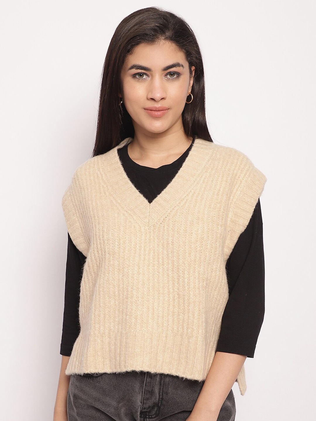 

NoBarr Striped V Neck Sweater Vest, Beige