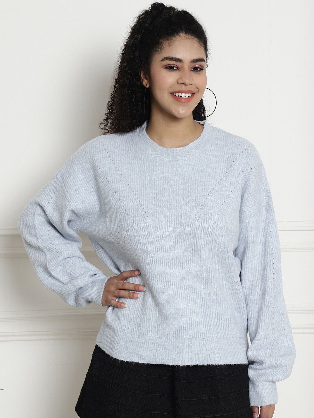 

NoBarr Self Design Ribbed Round Neck Long Sleeves Acrylic Pullover, Blue