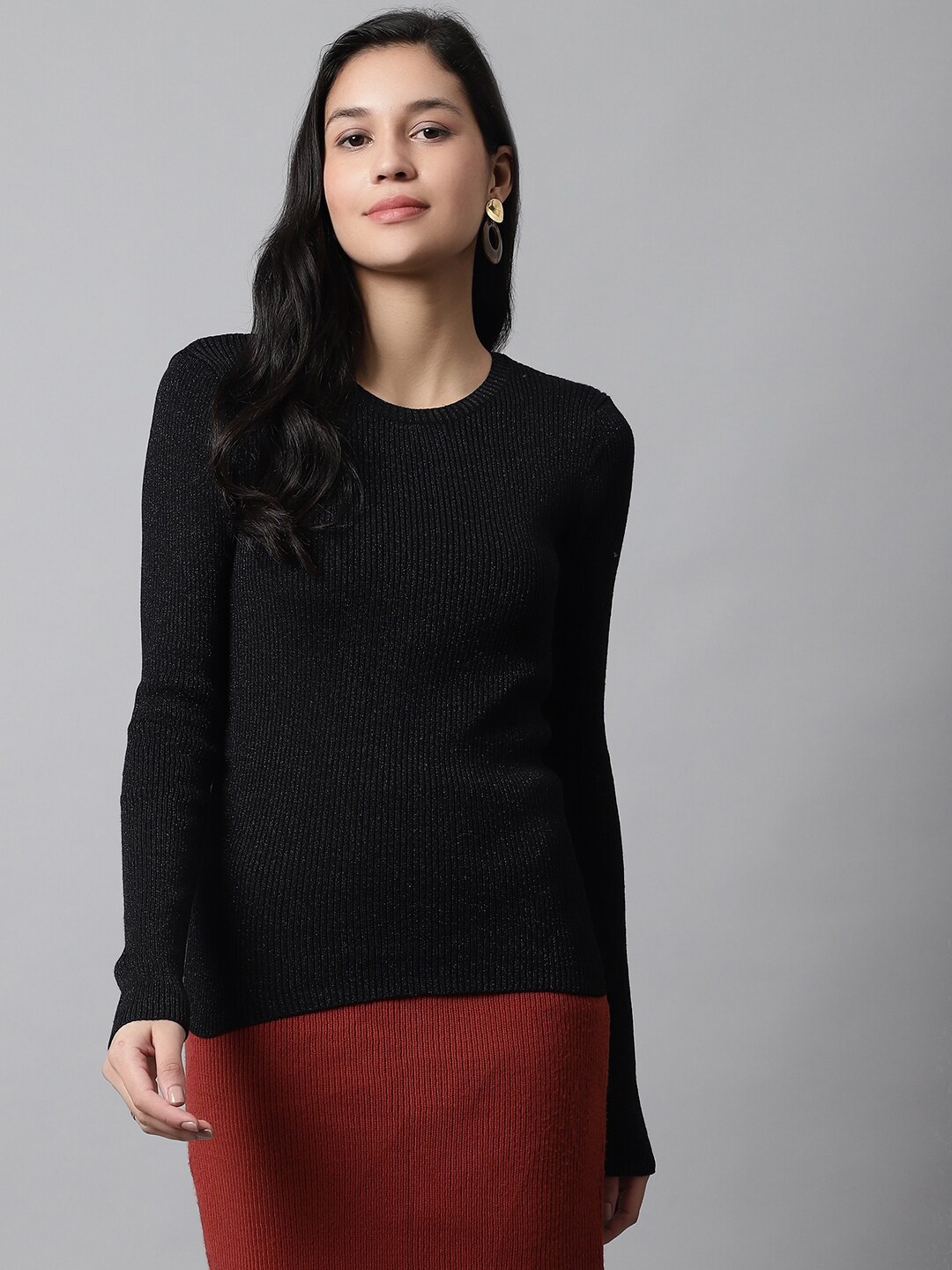 

NoBarr Self Design Round Neck Pullover, Black