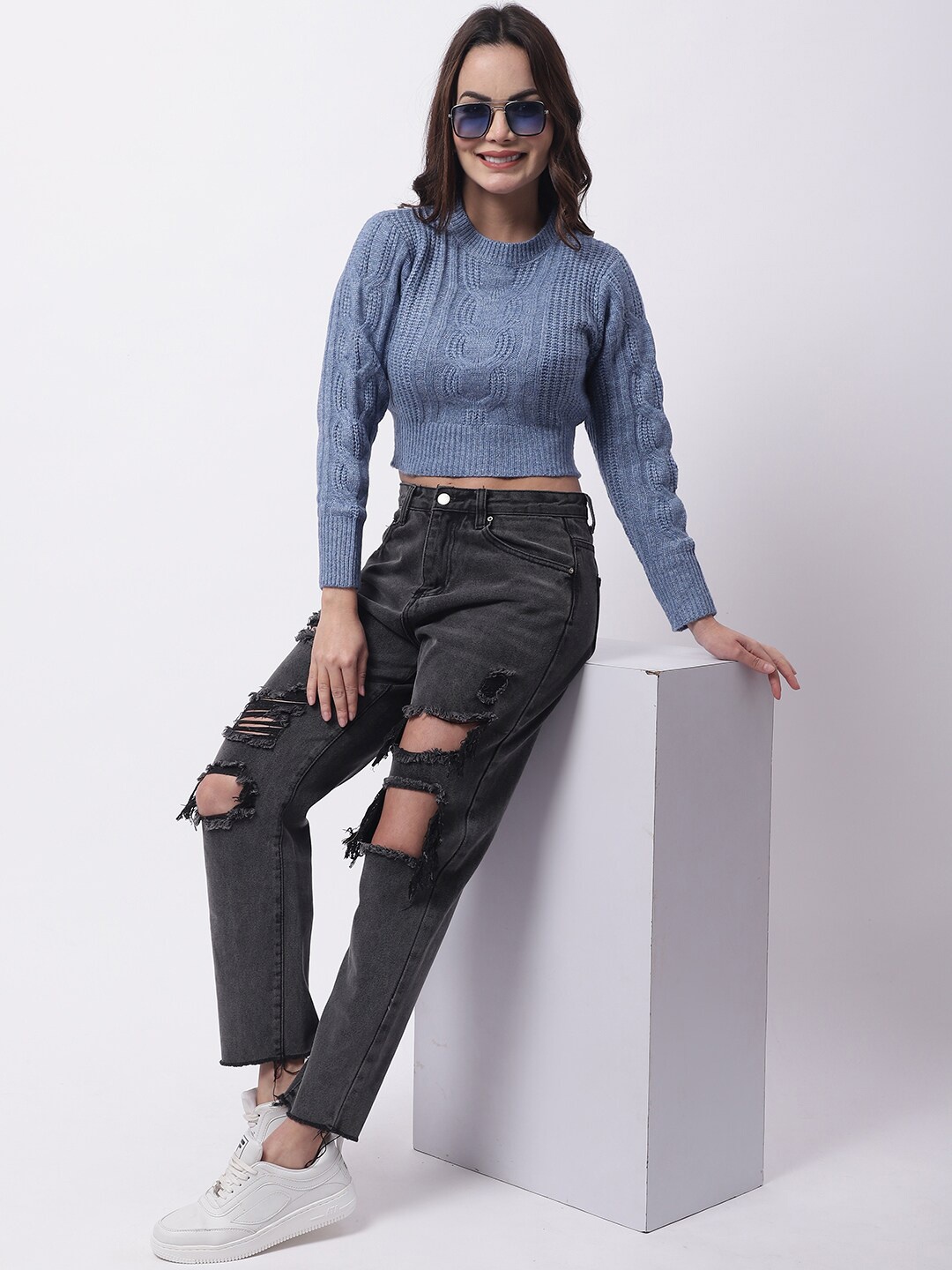 

NoBarr Cable Knit Crop Pullover Sweater, Blue