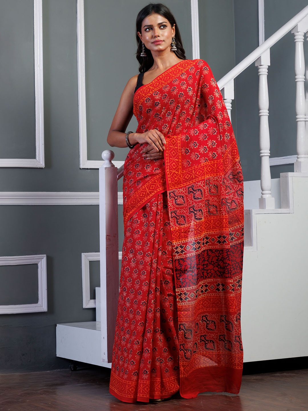

Unnati Silks Ajrak Block Pure Cotton Block Print Saree, Red