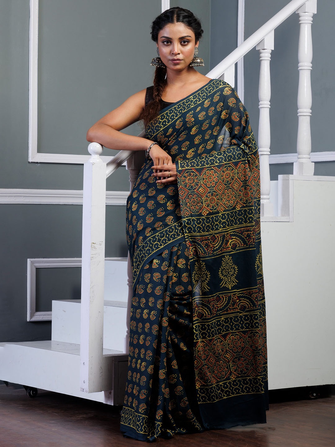 

Unnati Silks Ajrak Block Pure Cotton Block Print Saree, Green