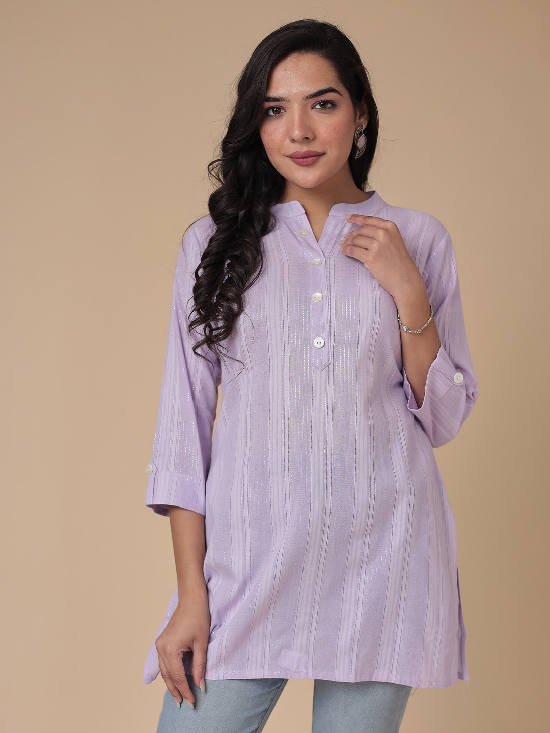 

ZARI Striped Mandarin Collar Cotton Tunic, Purple