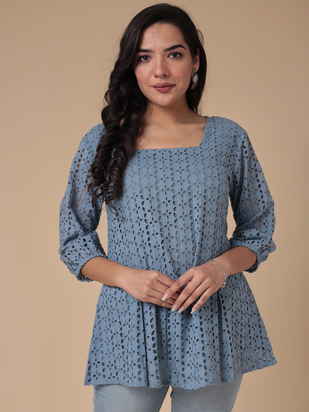 

ZARI Self Design Square Neck Cotton Tunic, Blue