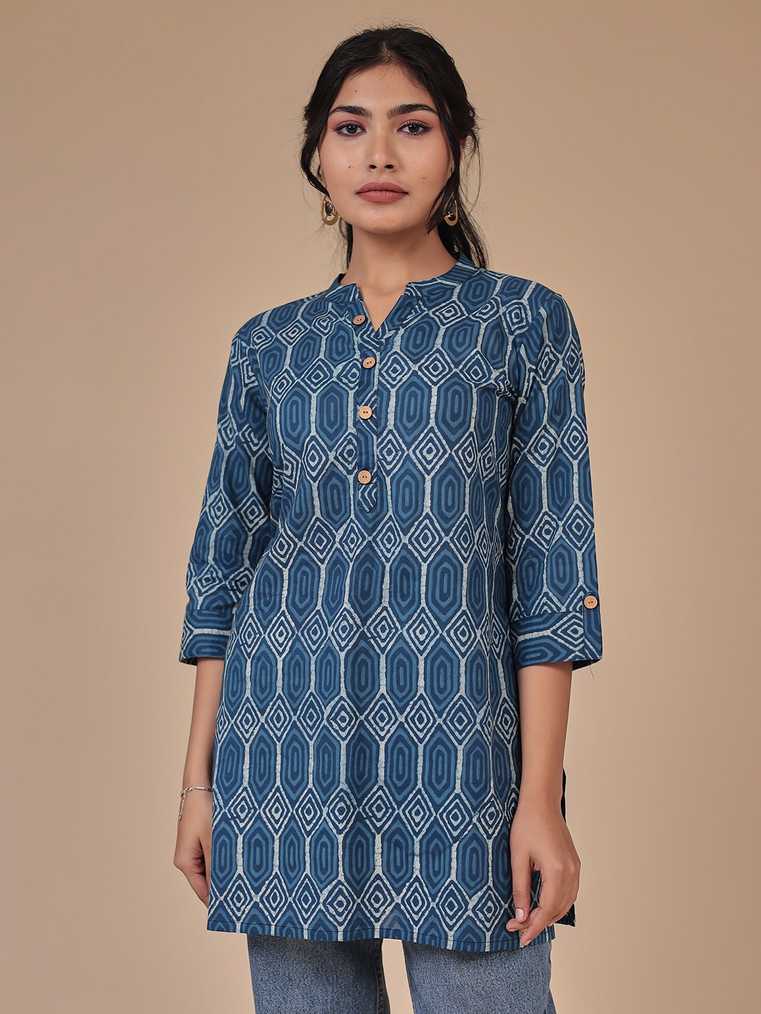 

ZARI Geometric Printed Mandarin Collar Cotton Tunic, Blue