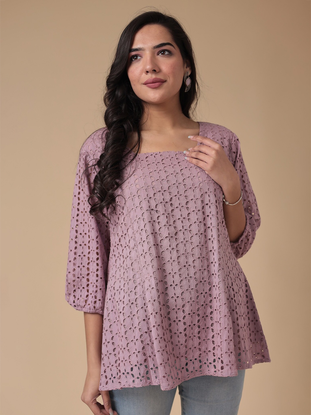

ZARI Texture Square Neck Cotton Tunic, Purple