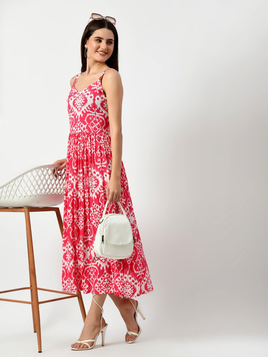 

Akshatani Ethnic Motifs Print Sleeveless Fit & Flare Midi Dress, Pink