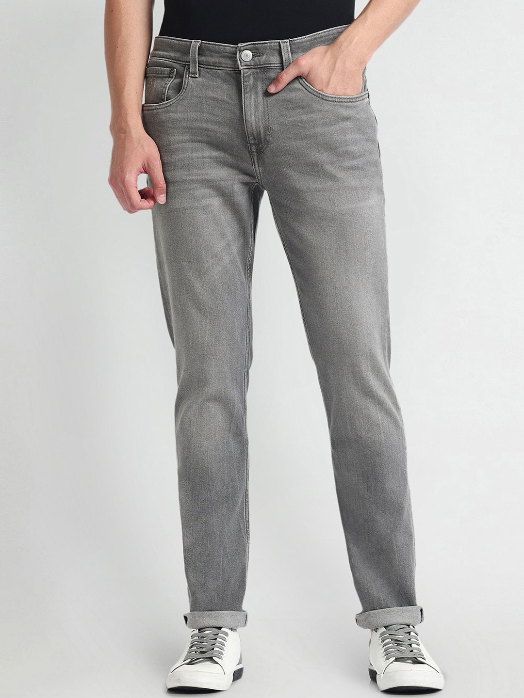 

U.S. Polo Assn. Denim Co. Men Slim Tapered Fit Heavy Fade Whiskers Stretchable Jeans, Grey