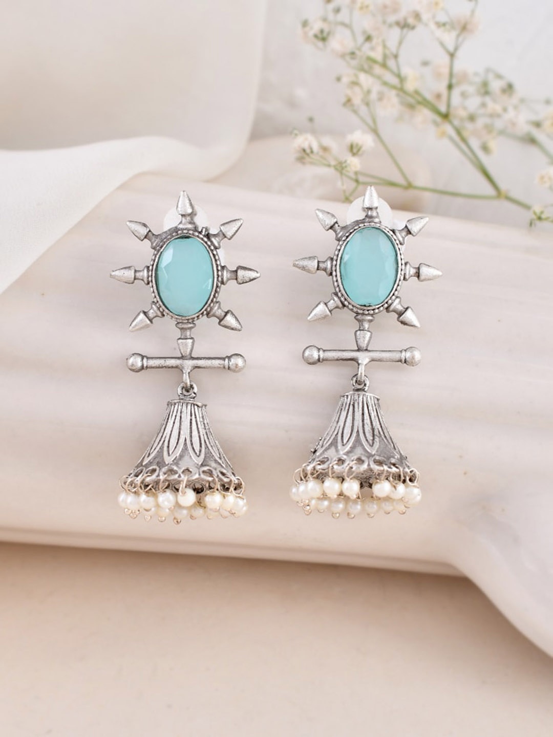 

DASTOOR Silver-Plated Stone-Studded & Beaded Oxidised Dome Shaped Jhumkas