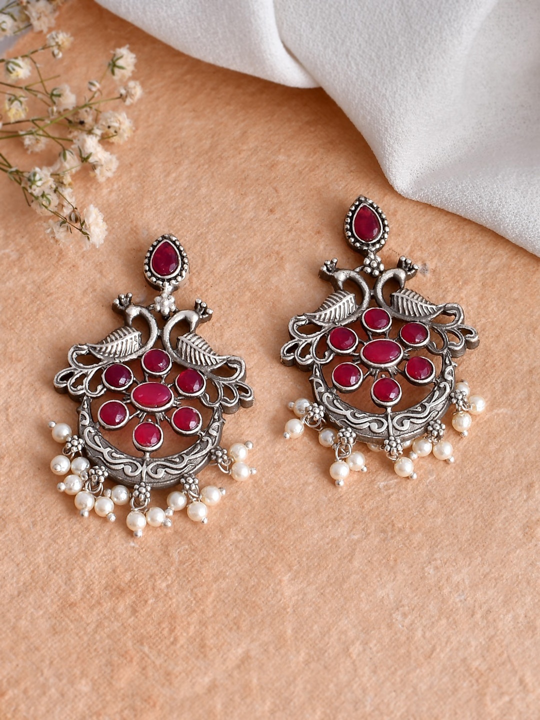 

DASTOOR Silver-Plated Peacock Shaped Drop Earrings