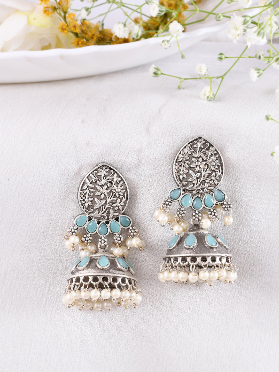 

DASTOOR Silver-Plated Contemporary Oxidised Jhumkas