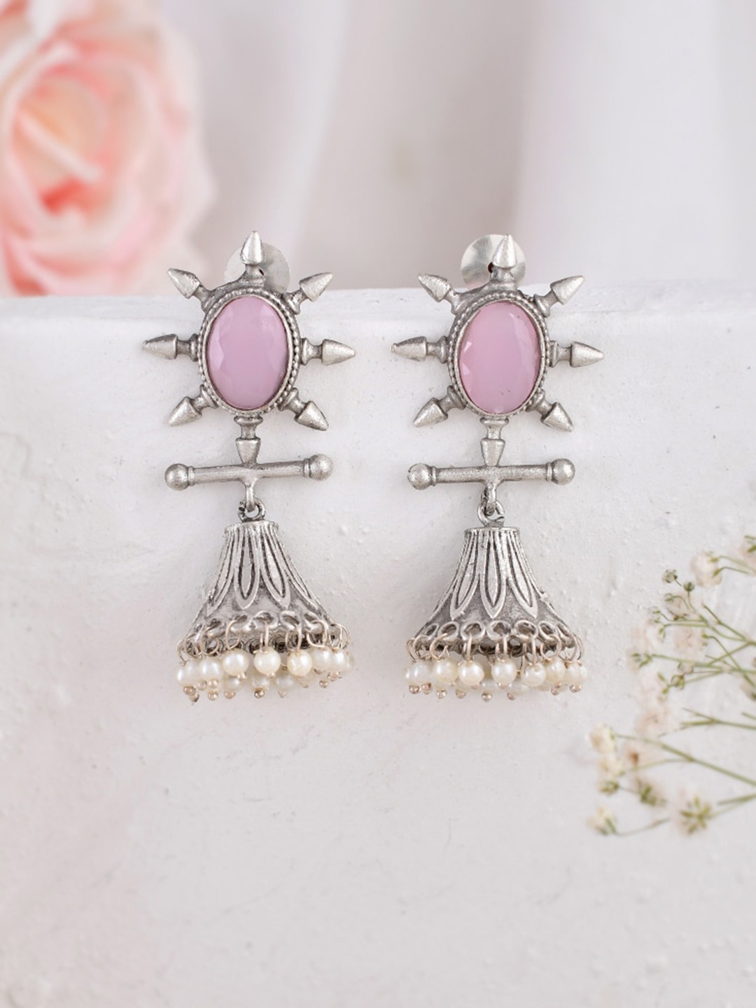 

DASTOOR Silver-Plated Stone-Studded & Beaded Oxidised Dome Shaped Jhumkas