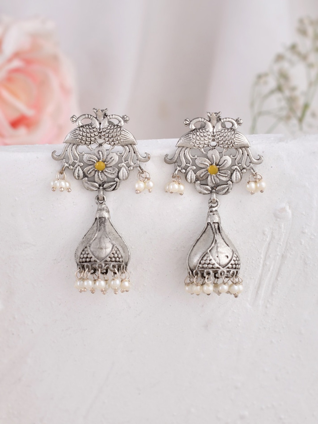 

DASTOOR Silver-Plated Peacock Shaped Jhumkas Earrings