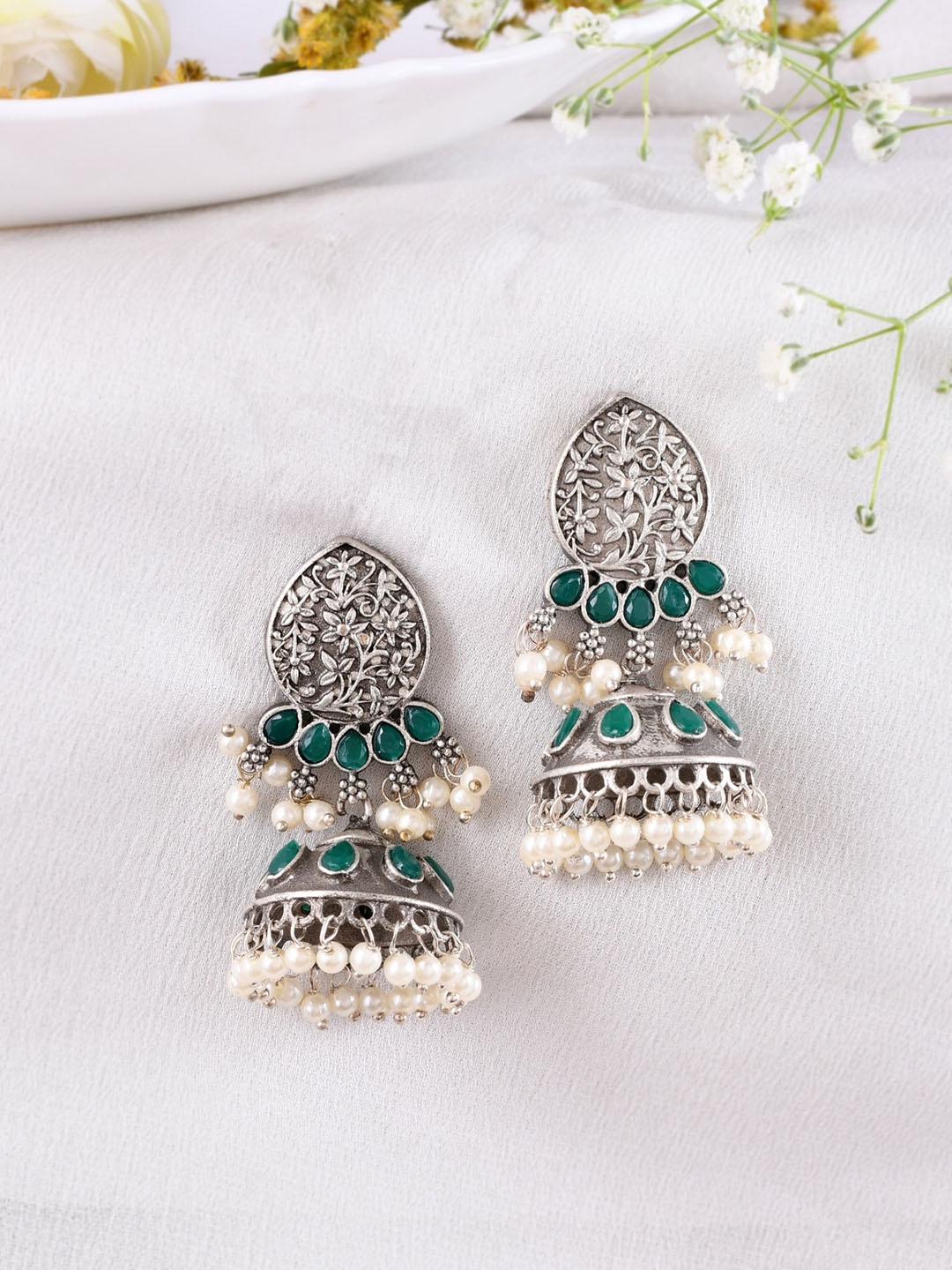 

DASTOOR Silver-Plated Contemporary Jhumkas Earrings