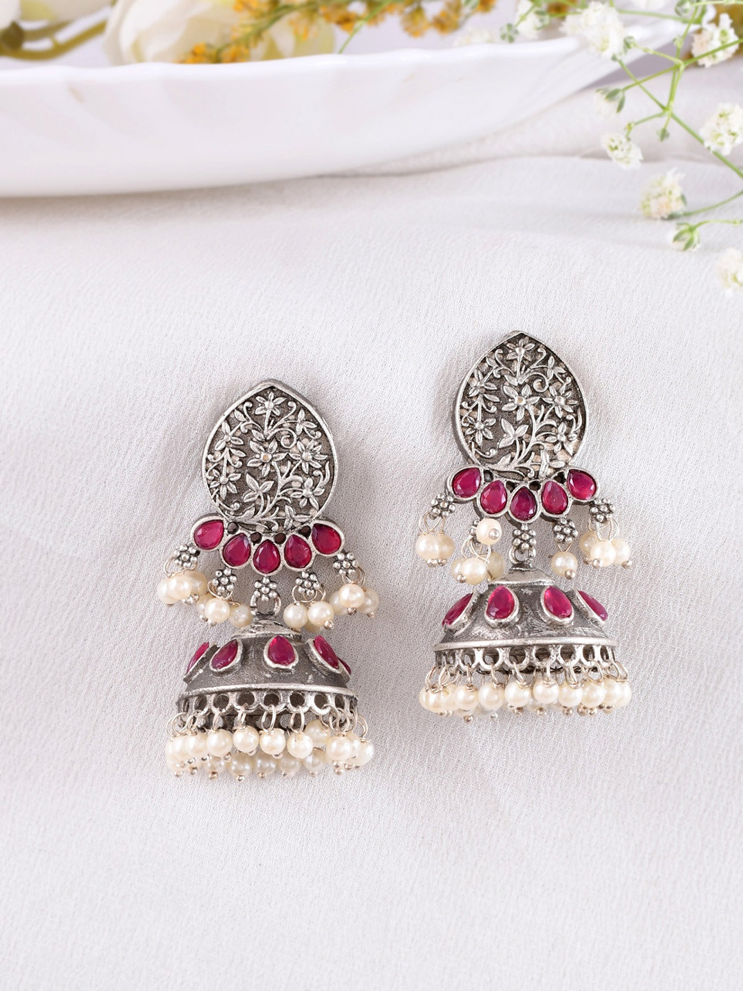 

DASTOOR Silver-Plated Teardrop Shaped Jhumkas Earrings