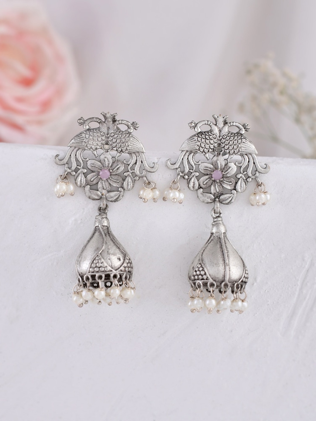 

DASTOOR Silver-Plated Stone-Studded & Beaded Oxidised Dome Shaped Jhumkas