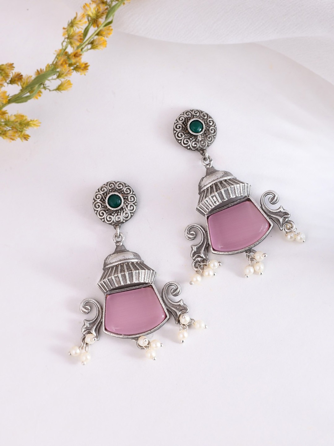 

DASTOOR Silver-Plated Stone-Studded & Beaded Oxidised Contemporary Drop Earrings