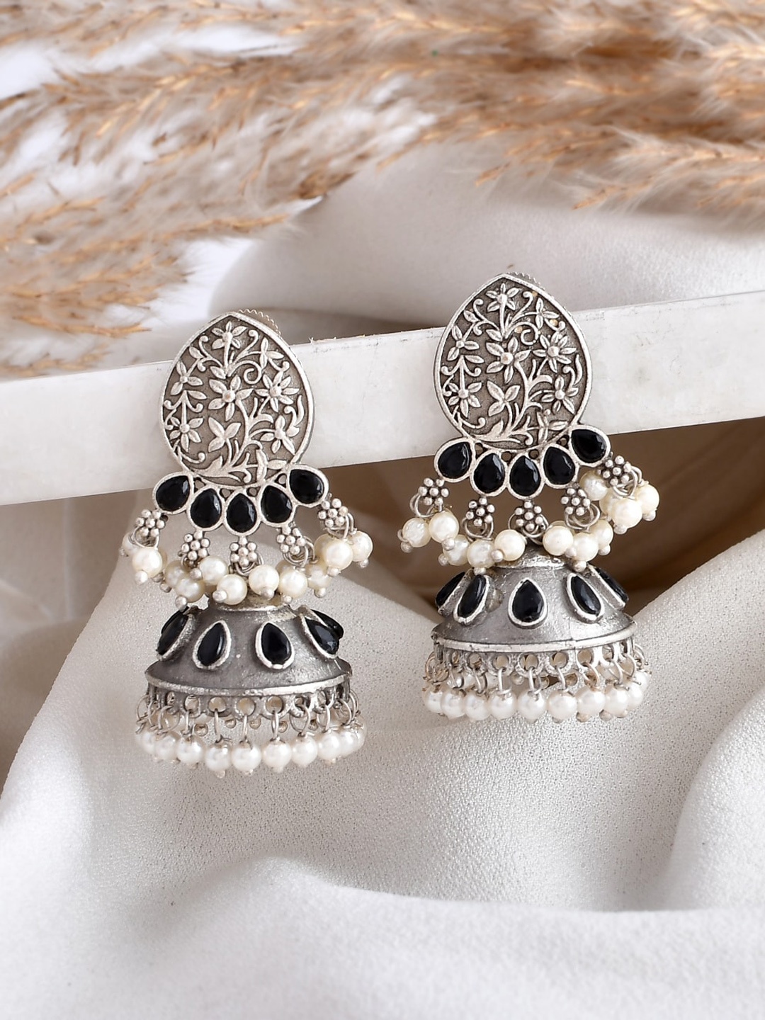 

DASTOOR Silver-Plated Contemporary Oxidised Jhumkas