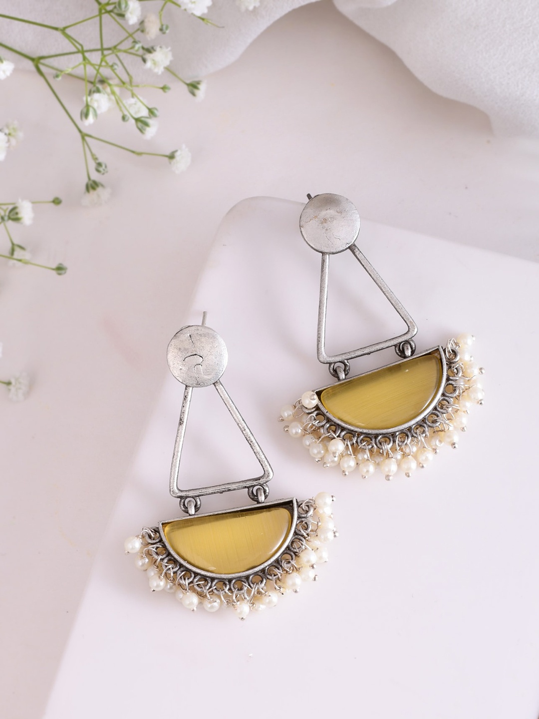 

DASTOOR Silver-Plated Stone-Studded & Beaded Oxidised Contemporary Drop Earrings