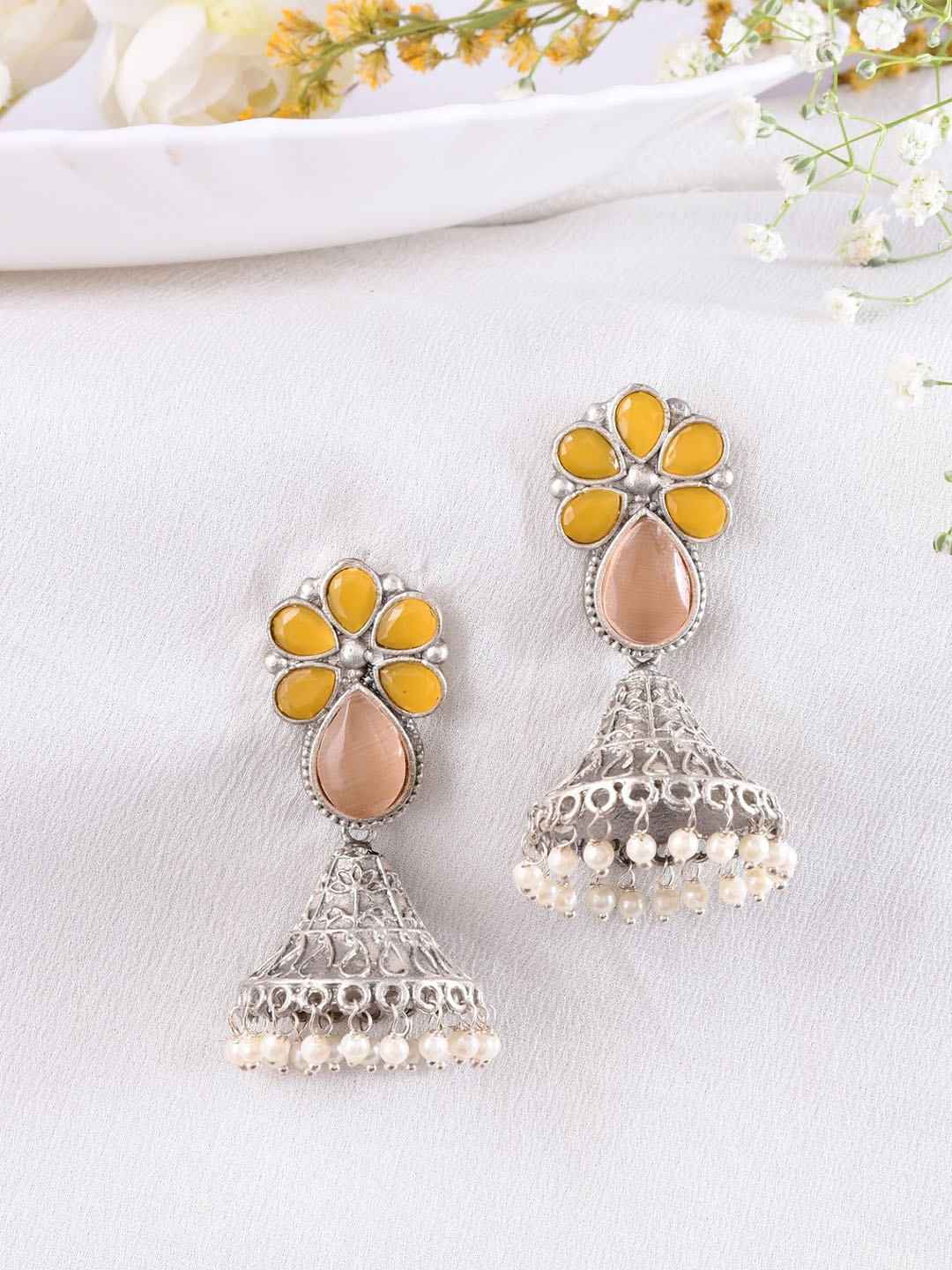 

DASTOOR Silver-Plated Contemporary Oxidised Jhumkas
