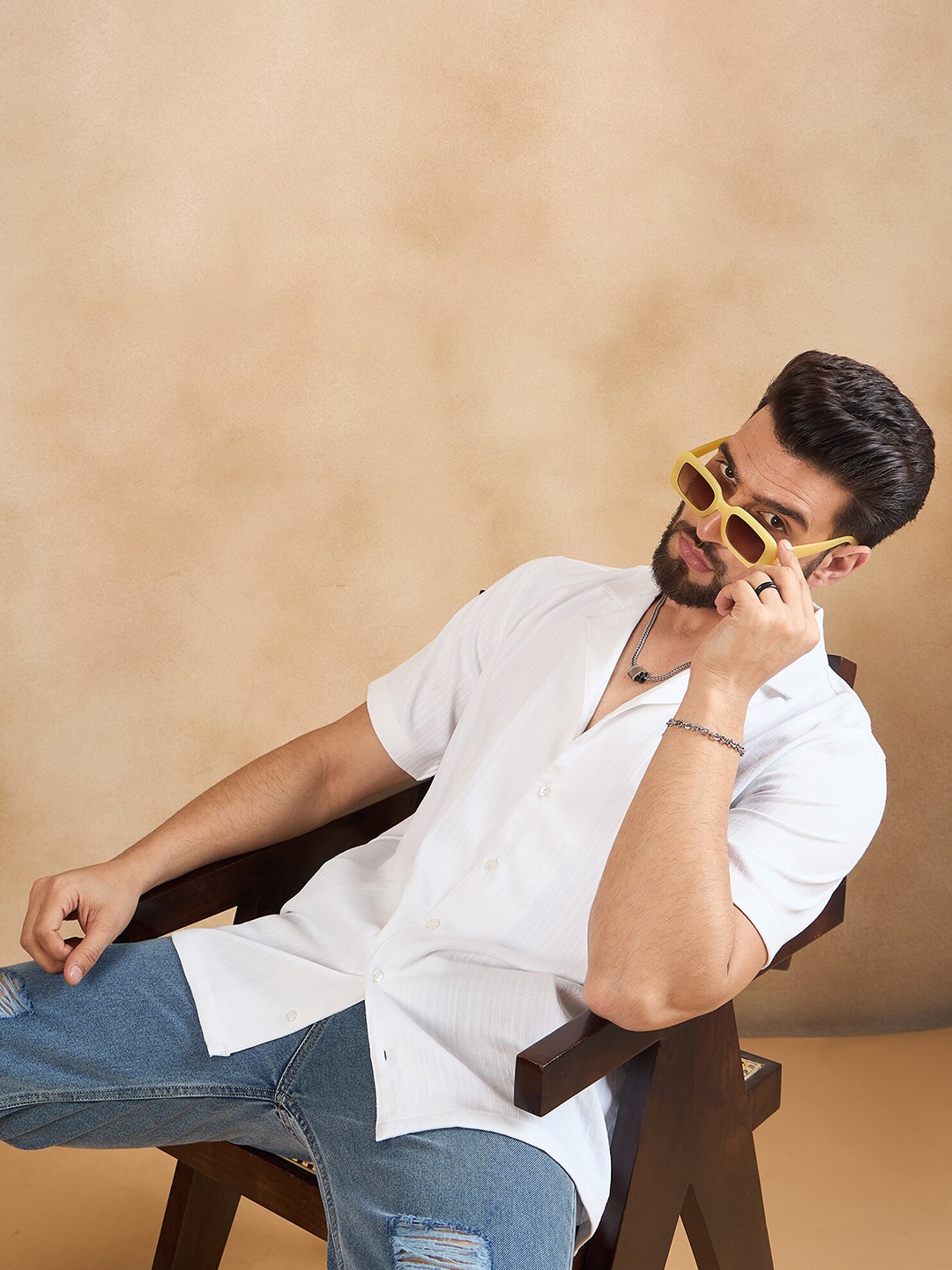 

HERE&NOW Cuban Collar Opaque Casual Shirt, White