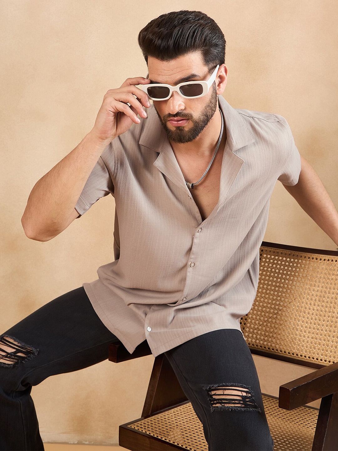 

HERE&NOW Cuban Collar Opaque Casual Shirt, Beige