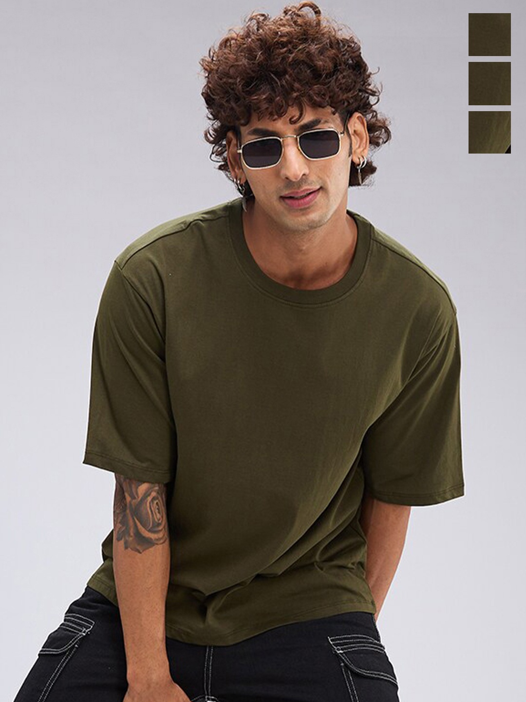 

NOIRA Pack Of 3 Round Neck Cotton Oversized T-shirts, Olive