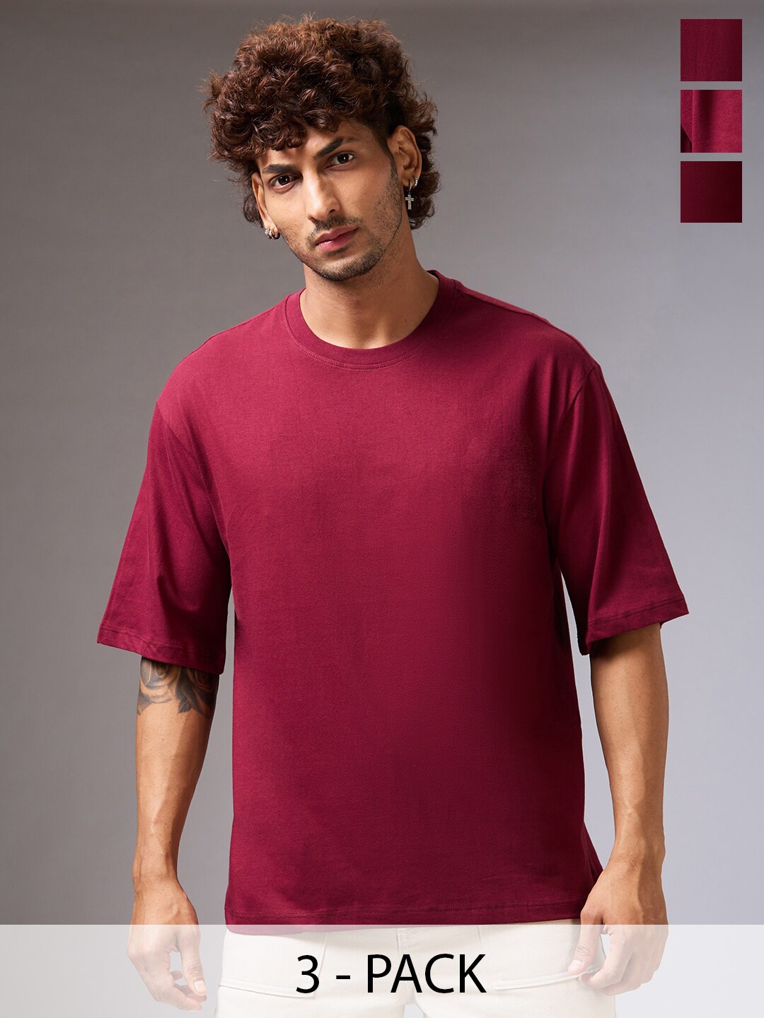 

NOIRA Pack Of 3 Round Neck Cotton Oversized T-shirts, Maroon