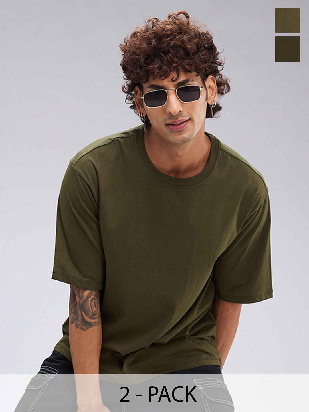 

NOIRA Pack Of 2 Round Neck Cotton Oversized T-shirts, Olive