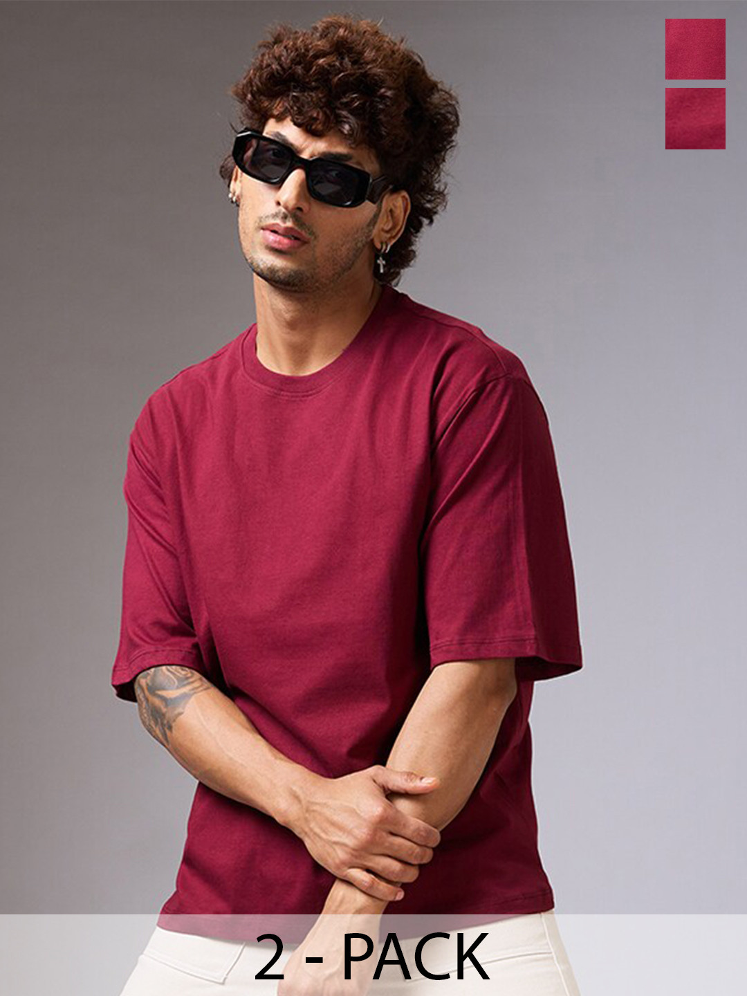 

NOIRA Pack Of 2 Round Neck Cotton Oversized T-shirts, Maroon