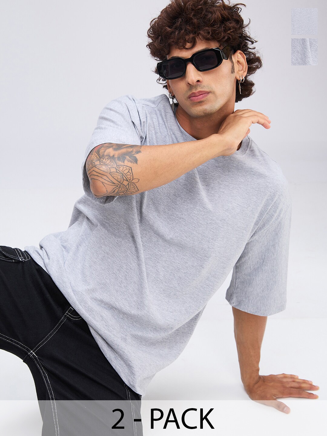 

NOIRA Pack Of 2 Round Neck Cotton Oversized T-shirts, Grey