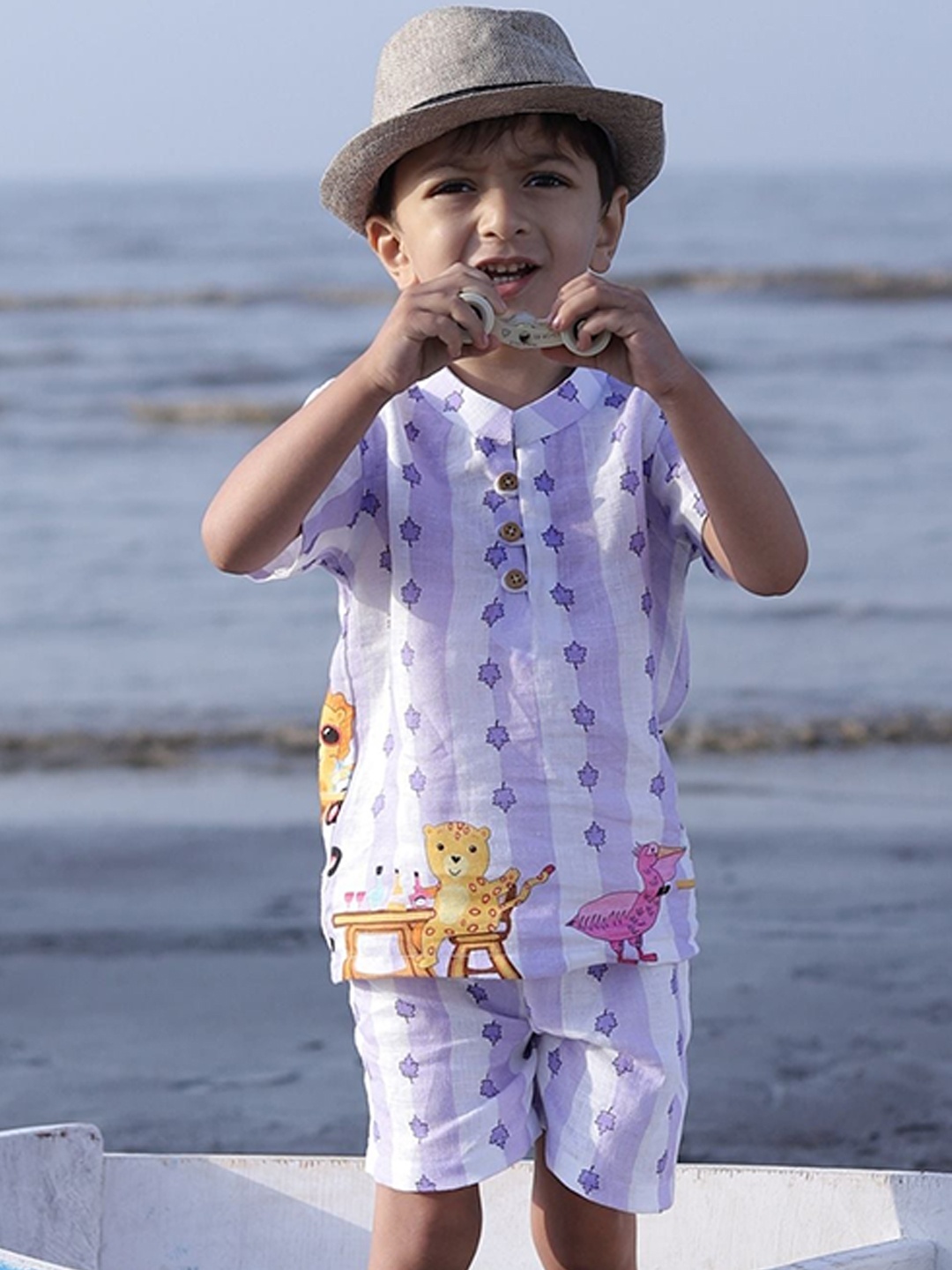 

BAESD Boys Conversational Printed Linen Shirt With Shorts, Purple