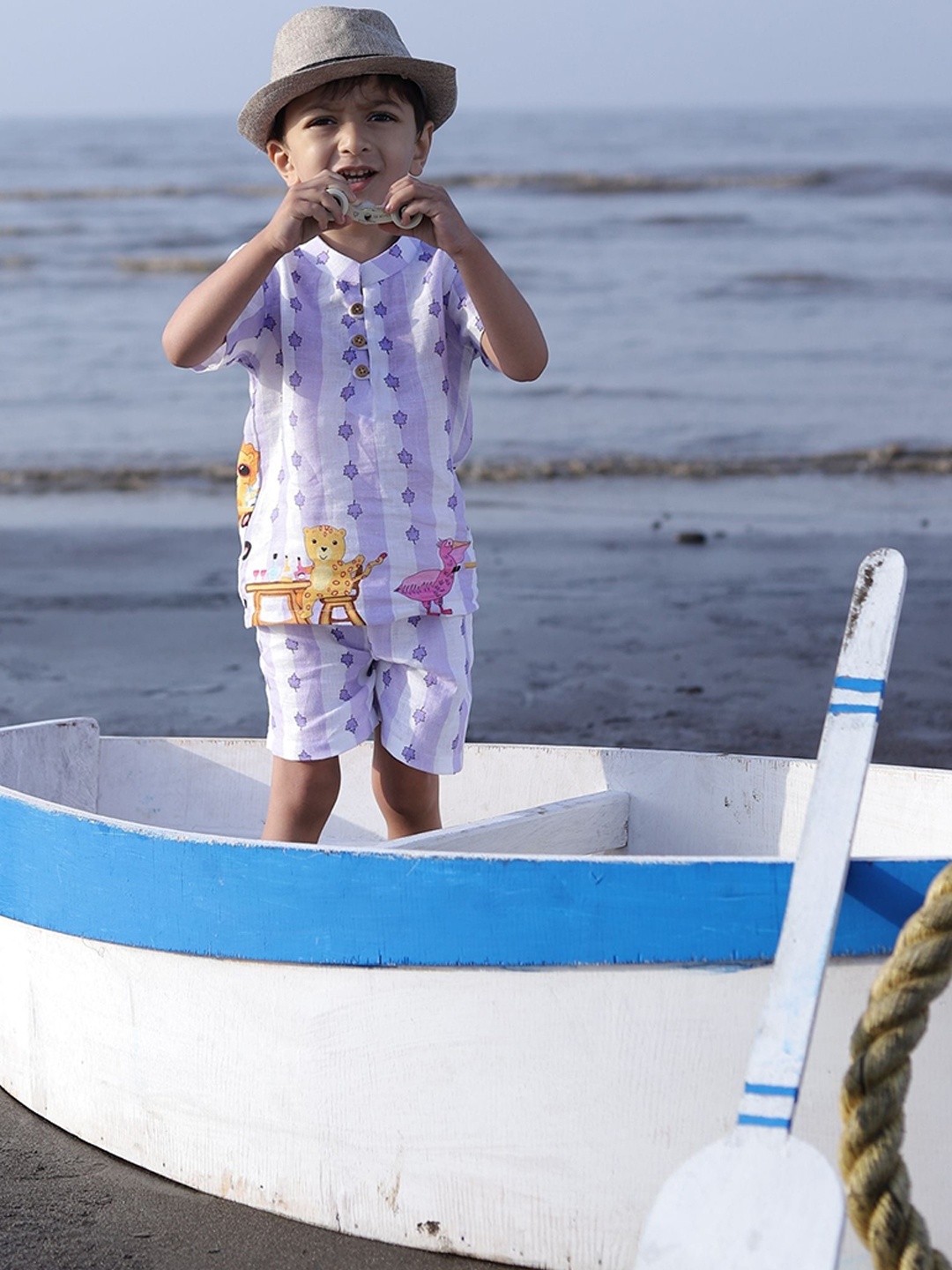 

BAESD Boys Printed Linen Shirt With Shorts, Purple