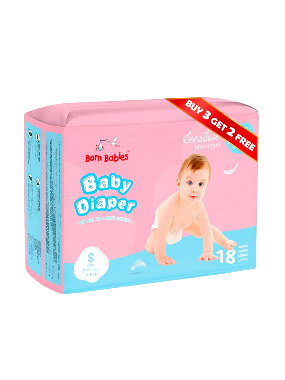 

Born Babies Set Of 5 Leakage Protection Three Layer Tape Diaper - 18Pcs Each - Size S, White