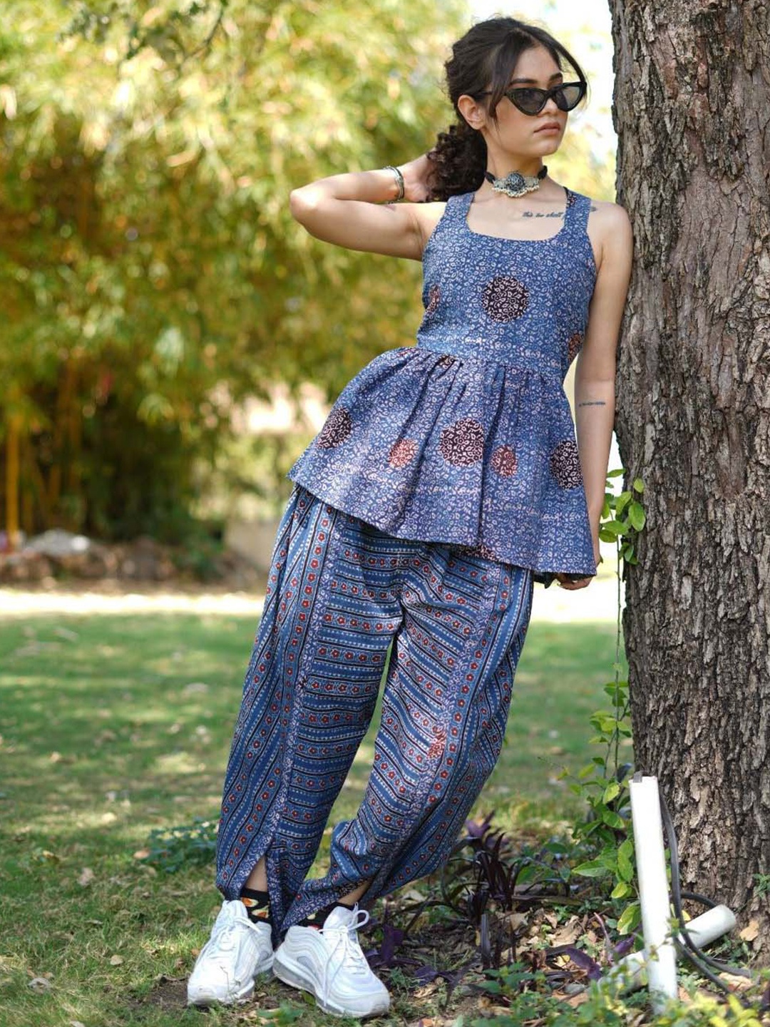 

THE VASILIKI Shoulder Straps Sleeveless Cotton Ethnic Print Cotton Top, Blue