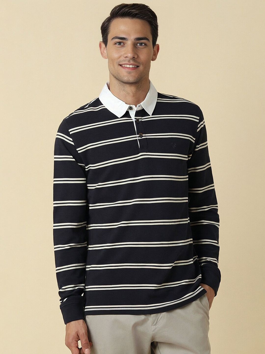 

Allen Solly Striped Polo Collar Cotton Regular Fit T-shirt, Black