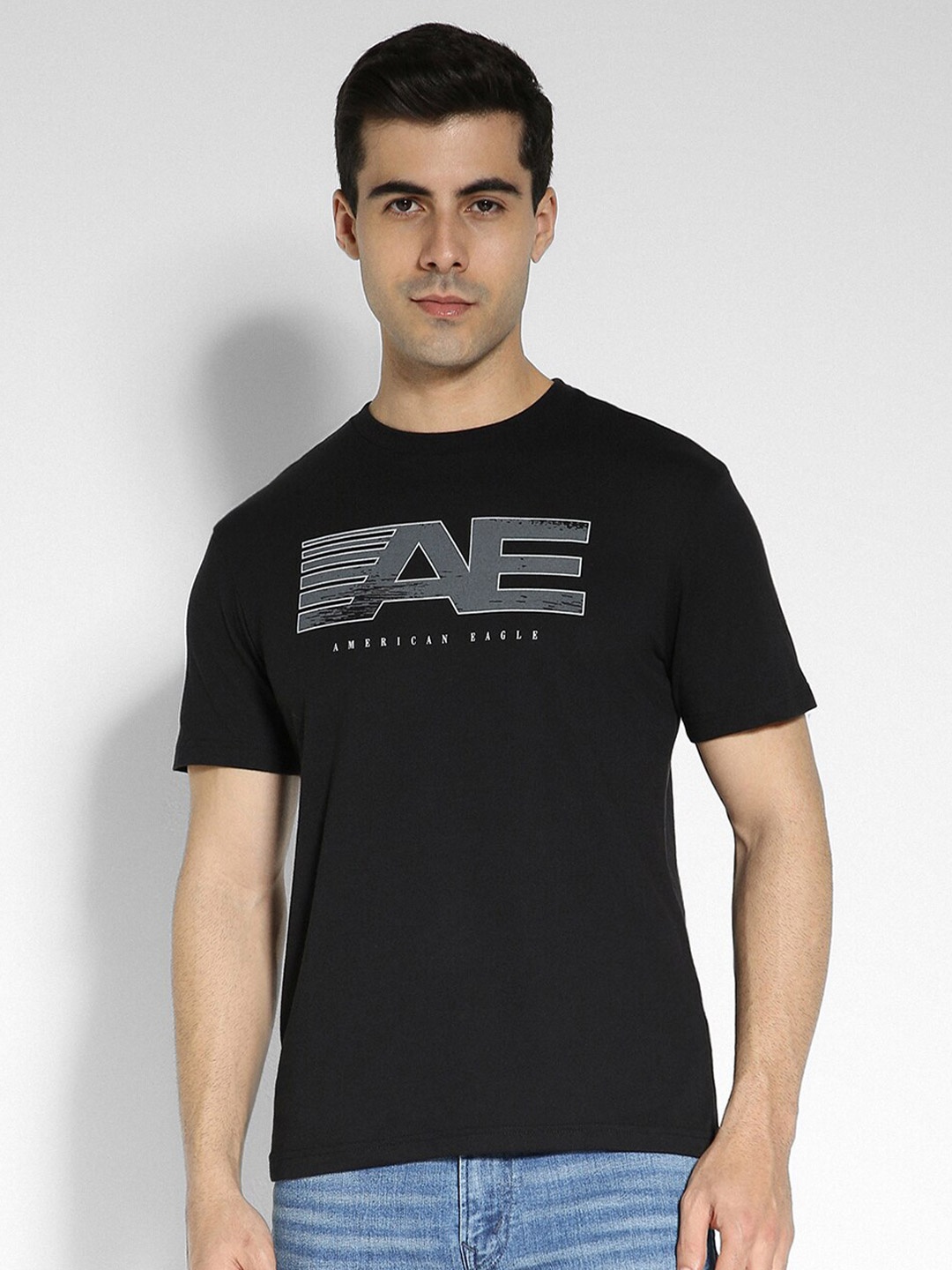 

AMERICAN EAGLE OUTFITTERS Round Neck Typography Printed Cotton Regular Fit T-shirt, Black