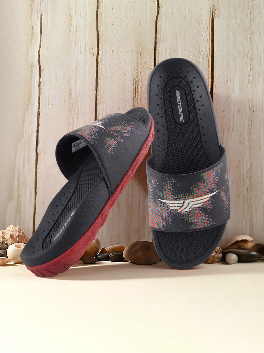 

Red Tape Men Printed Sliders, Black