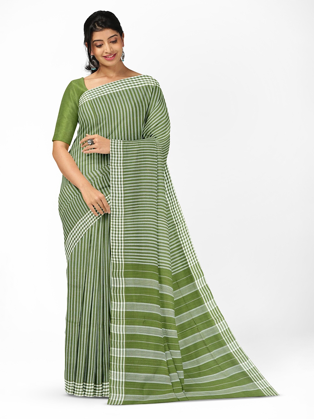 

APCO Striped Pure Cotton Handloom Saree, Green