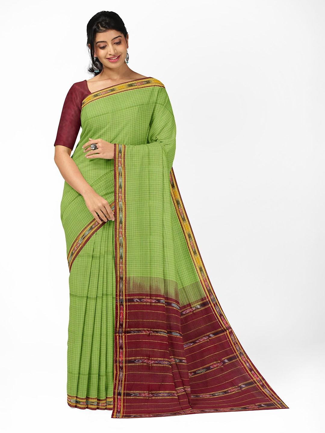 

APCO Checked Woven Design Pure Cotton Handloom Saree, Green